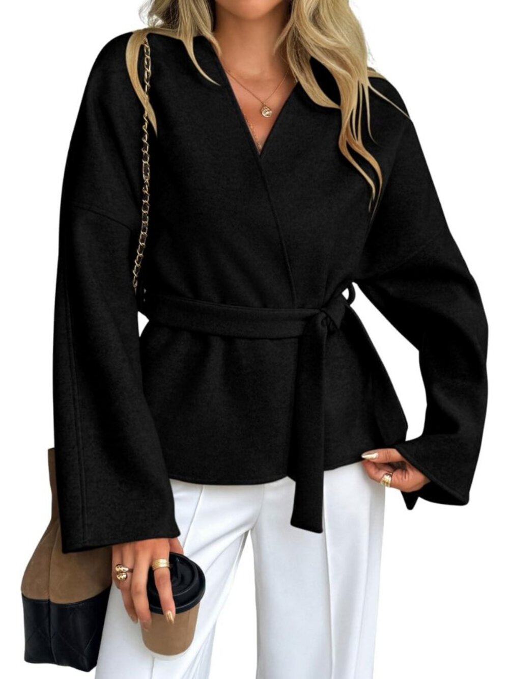 Chic Women's Belted Blazer Wrap Jacket | Stylish Crop Peacoat for Elegant Looks